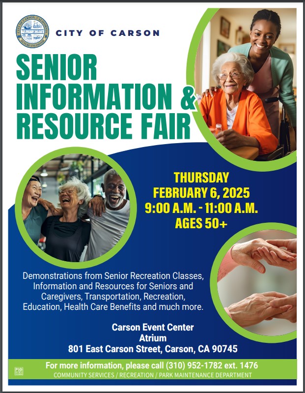 flyer for senior information and resource fair at carson, ca