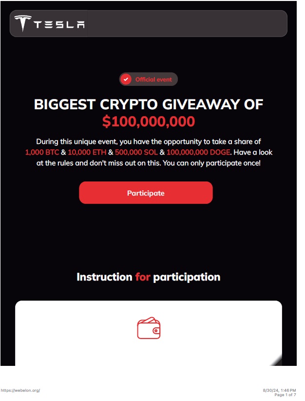 A promotional image for Tesla's crypto giveaway, offering $100 million in various cryptocurrencies with a call-to-action to participate.