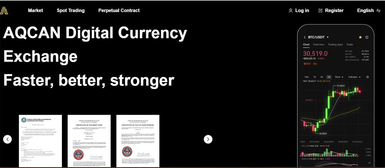 AQCAN Digital Currency Exchange homepage with a black background, bold text stating 'Faster, better, stronger.' A smartphone displays a cryptocurrency graph with BTC/USDT data. Below, certificates are partially visible, emphasizing credibility.