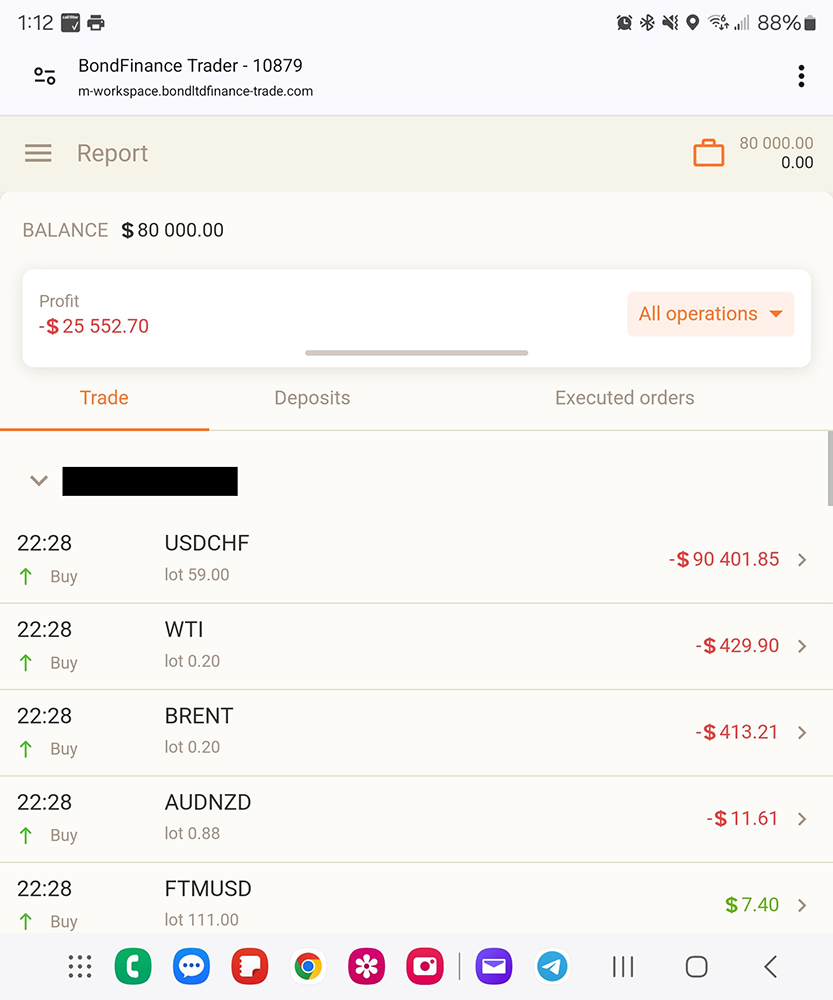 Trading app screen showing a balance of $80,000 and a profit of -$25,552.70. Trades listed include USDCHF, WTI, and AUDNZD with negative results, except FTMUSD with a $7.40 gain. Interface is clean with a calm, neutral color scheme and modern icons.