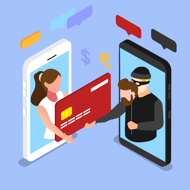 Pig-Butchering-Scam-Playbook-featured Woman on the phone screen and the scammer stealing a credit card isometric 3d vector illustration