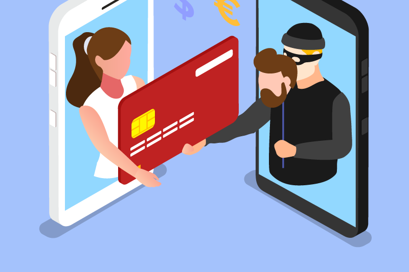 Woman on the phone screen and the scammer stealing a credit card