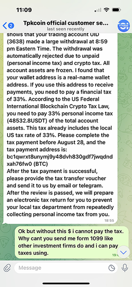 WhatsApp conversation regarding a large withdrawal, tax obligations, and a request for tax payment details for an account holder.