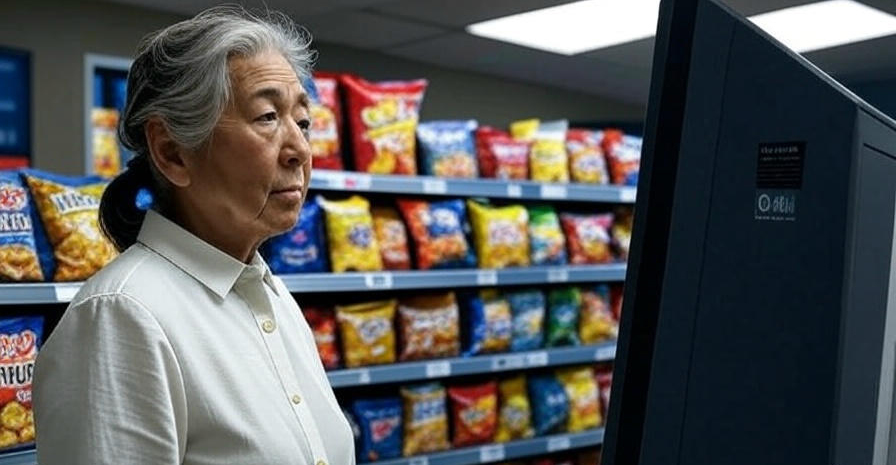 ATM An old lady is looking at the ATM