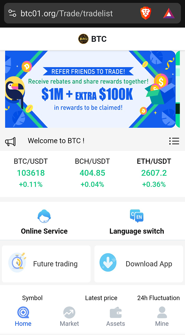 App interface showing promotion, "Refer friends to trade," with bright graphics. Crypto trading stats for BTC, BCH, ETH. Options to switch language, trade, or download app.