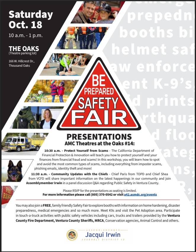 promo flyer for be prepared safety fair with Asm. Irwin