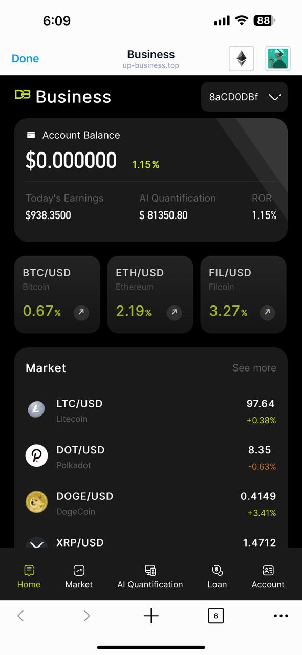 Up.business.top homepage Mobile screen of a cryptocurrency app showing an account balance of $0.00, today's earnings of $938.35, and market rates for BTC, ETH, and FIL.