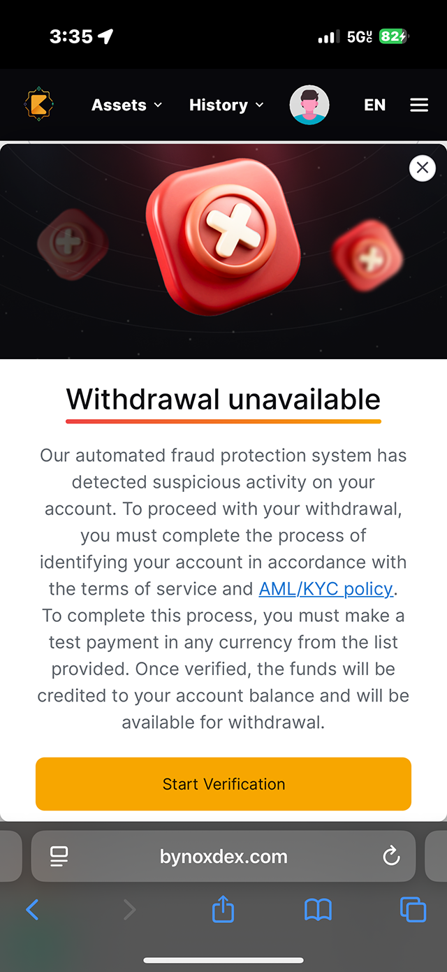 Alt text: "Notification screen on a mobile app with the message 'Withdrawal unavailable' in bold. The message indicates suspicious activity detected on the user's account, requiring identity verification under AML/KYC policy to proceed. A 'Start Verification' button is at the bottom. Red icons with crosses are in the background, conveying a tone of alert and urgency."