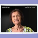 Old Asian woman portraits with blurred pixelated face with mobile app interface.