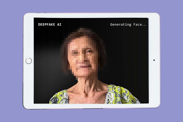 Old Asian woman portraits with blurred pixelated face with mobile app interface.