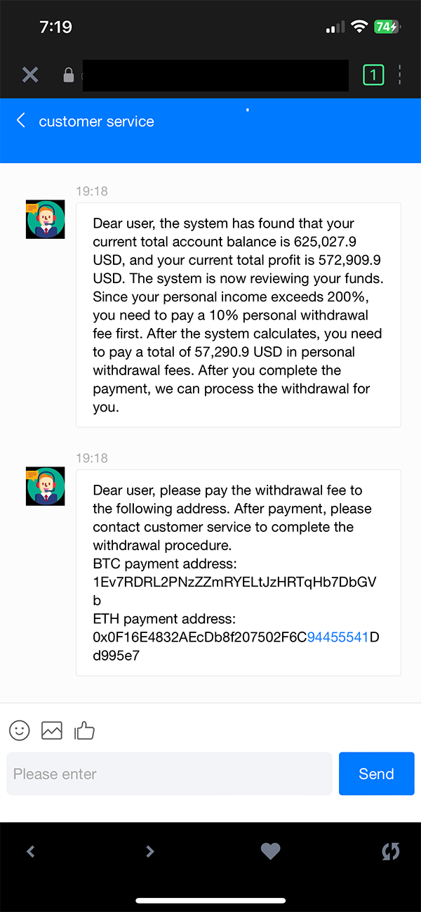 web3 Chat screenshot showing a scam message from "customer service." It claims a high account balance but requests a large withdrawal fee, asking for payment in Bitcoin and Ethereum.