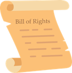 Illustration of a scroll with the heading "Bill of Rights" and illegible text beneath. The scroll is aged and curled, suggesting historical significance.