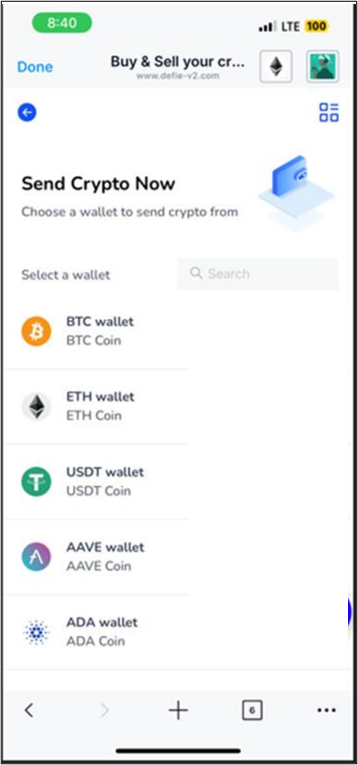 Mobile screen showing a crypto app interface with "Send Crypto Now" prompt. Multiple wallet options listed: BTC, ETH, USDT, AAVE, ADA. White background.