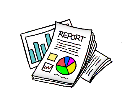 Stack of papers with the top sheet labeled "Report," featuring pie and bar charts and a checklist. Represents data analysis and business documentation.