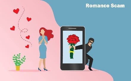 Digital illustration depicting a romance scam: a thief offers flowers from a smartphone, targeting a woman with hearts around her. Tone shows deception.