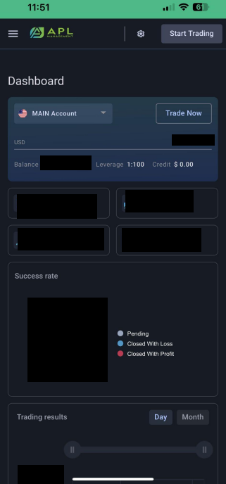 A trading app dashboard on a smartphone screen shows account details, balance, and trading options. A section displays success rate with color-coded status.