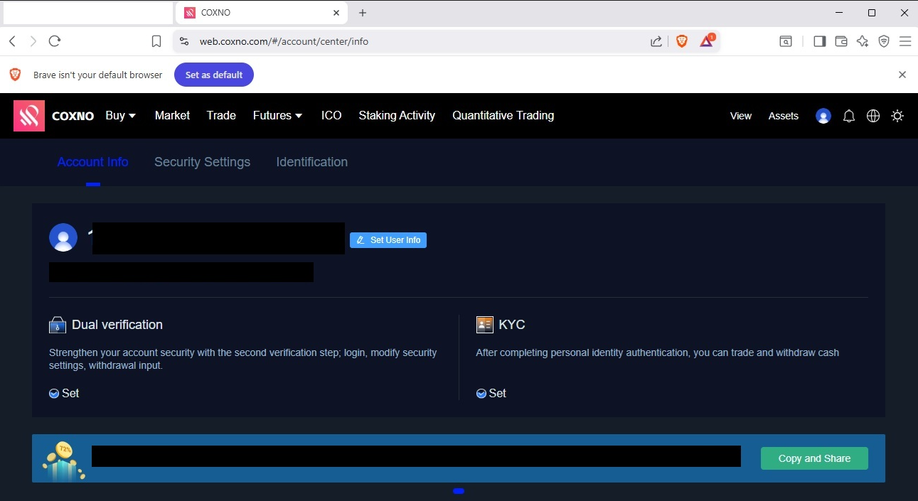 Screenshot of a crypto platform dashboard features account, security settings, and identification tabs. Options for dual verification and KYC are highlighted.