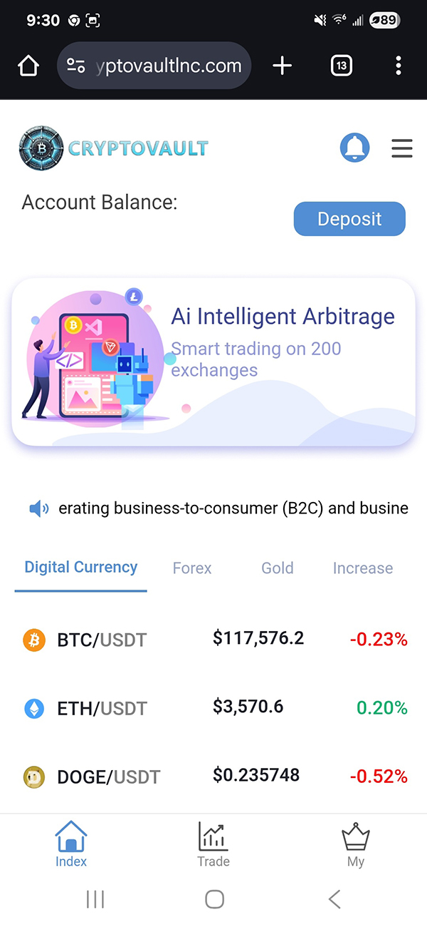Cryptocurrency trading app interface showing account balance and deposit option. AI Intelligent Arbitrage ad displayed, promising smart trading on 200 exchanges. Digital currency prices listed for BTC, ETH, and DOGE with percentage changes. Minimalist design with a focus on digital trading.