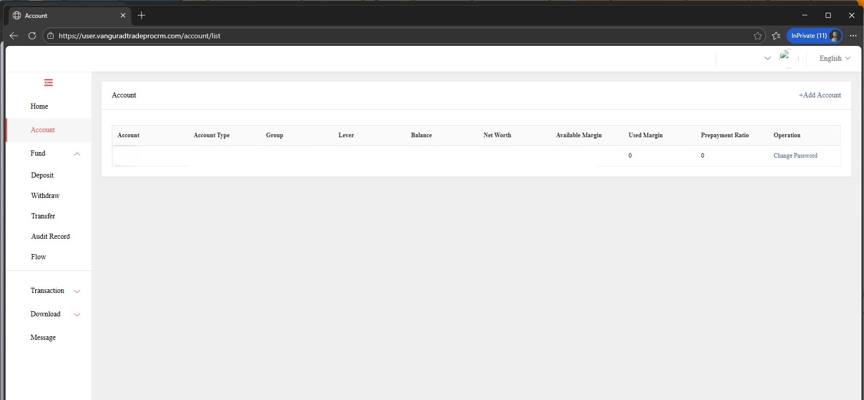 Screenshot of an account dashboard with navigation menu on the left and account details table on the right, showing columns like Balance and Net Worth.