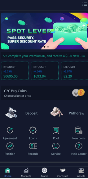 A mobile app screen showing cryptocurrency prices for BTC, ETH, and LTC with a 3% increase. Features include Deposit, Withdraw, and Help Center icons.