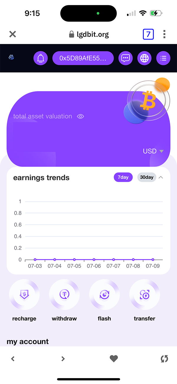 A mobile crypto app interface showing a purple panel labeled "total asset valuation." Below is an earnings trend graph and icons for recharge, withdraw, flash, and transfer.