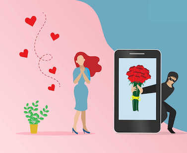 a man is hides behind a cellphone and holds bouquet in front of a lady