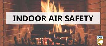 fireplace with wood firing with words of Indoor air safety